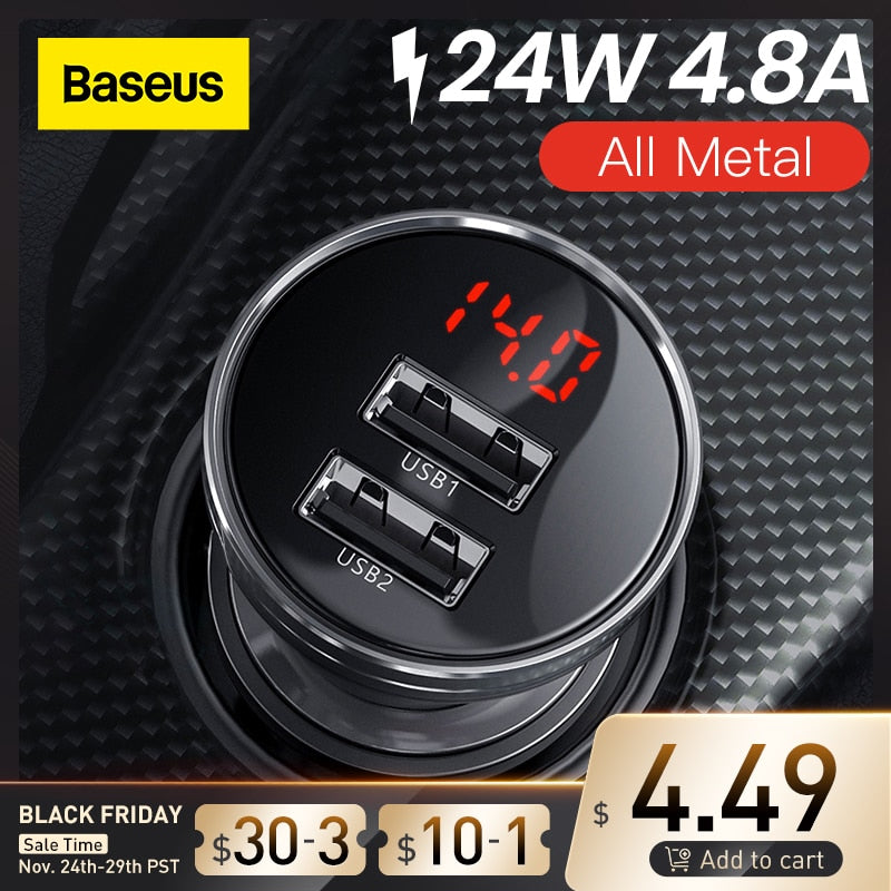 Baseus 24W USB Car Charger for Phone 4.8A Fast Mobile Phone Charger Adapter for iPhone Xiaomi with LED Display Car Phone Charger